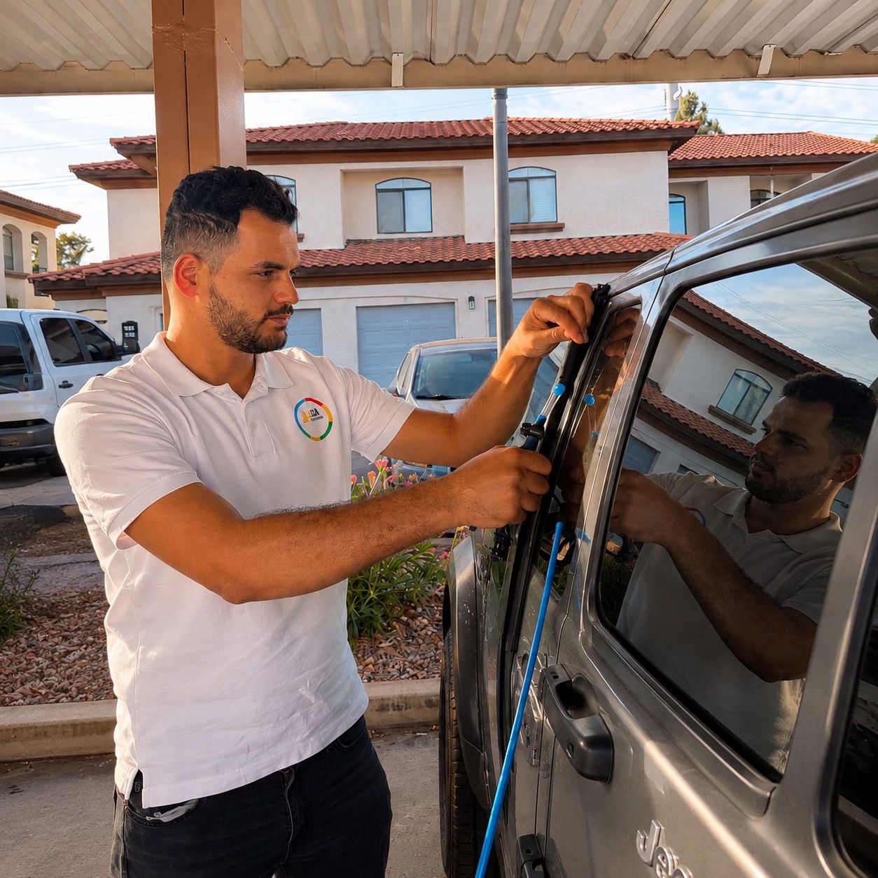 Technician opening a locked car door with professional tools