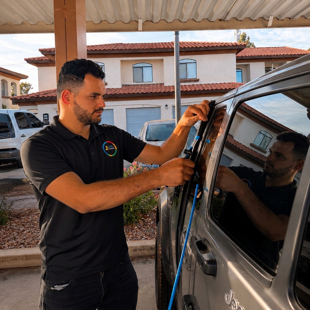 Uniformed Liza Locksmith technician unlocking a car door