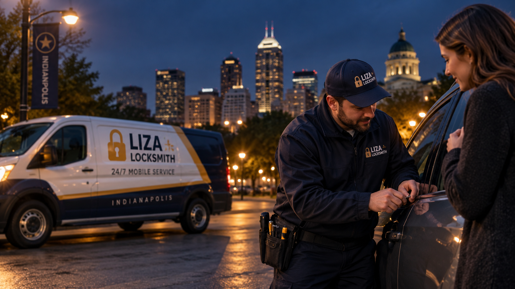 Liza Locksmith van responding to a 24 hour locksmith call at night