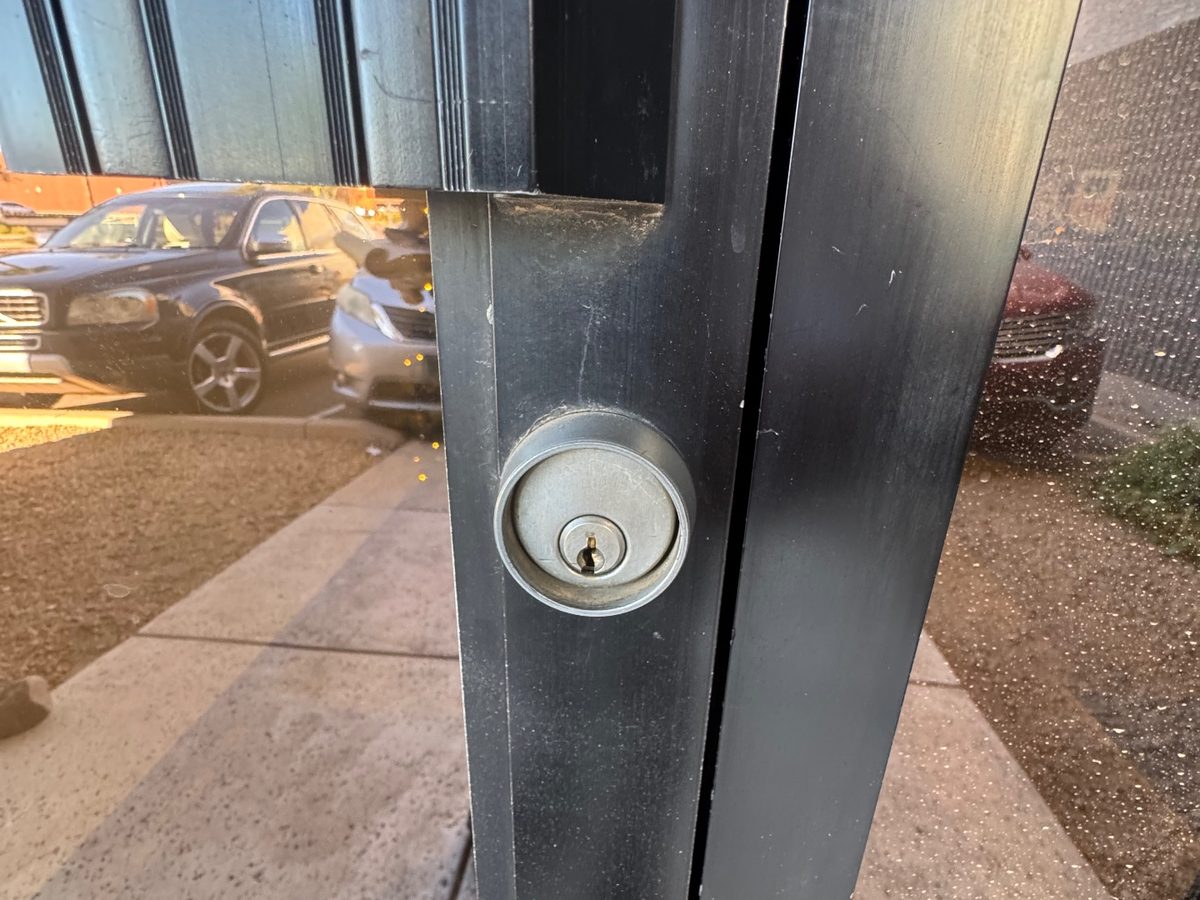 Mortise cylinder installed in a commercial glass storefront door