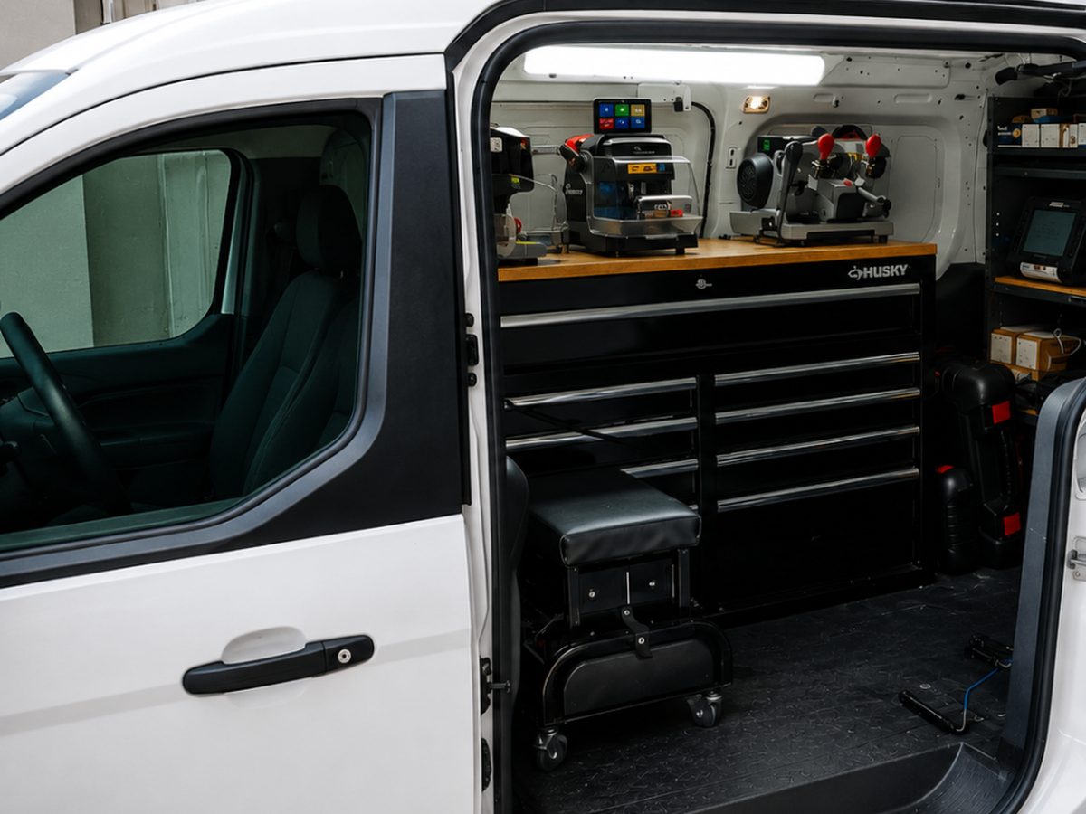 Liza Locksmith mobile service van with key cutting machines mounted inside